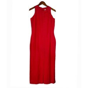 Vintage Jennifer Eden Red Sleeveless Maxi Dress Faux Button Slit High Neck 90s